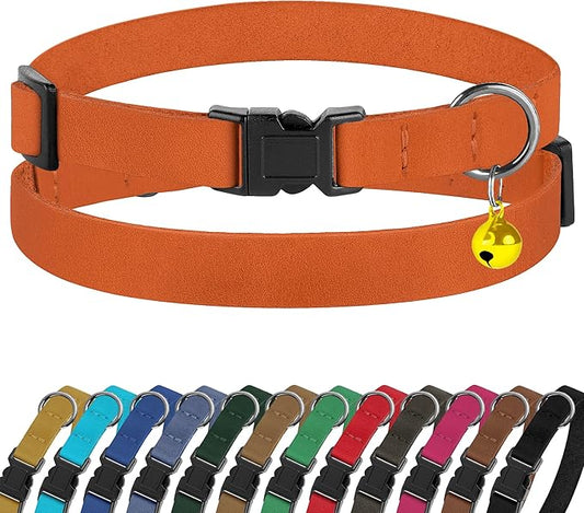 Breakaway Cat Collar Leather with Removable Bell - 13 Colors Available - Soft Adjustable Girl Boy Safety Lightweight Pet Kitten Collars Pink Brown Blue Green Red Orange Black (Orange)-PawvioPets
