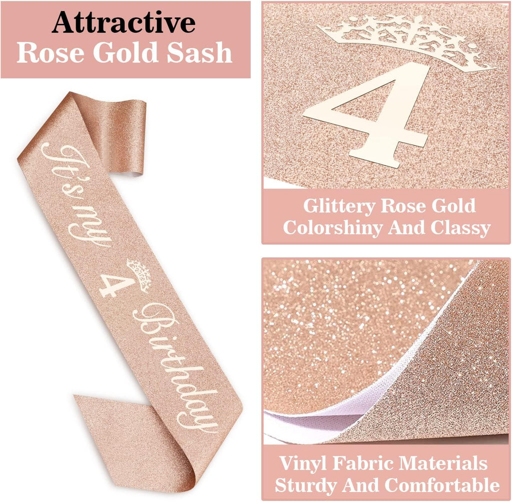 4th Birthday Decorations for Girl Including Sash, Crown, Numeral Candle and Cake Topper, 4 Year Old Girls Party Favor Supplies