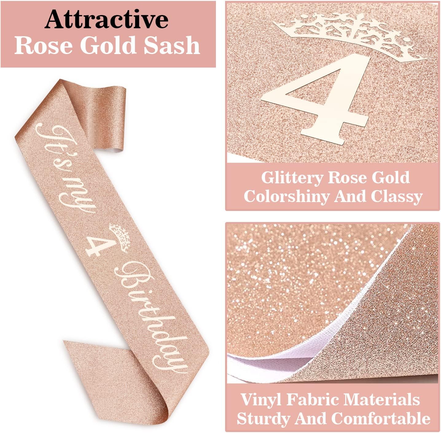 4th Birthday Decorations for Girl Including Sash, Crown, Numeral Candle and Cake Topper, 4 Year Old Girls Party Favor Supplies