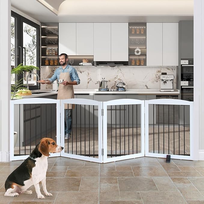 Freestanding Panel Dog Gate for Indoor, Doorways, Stairs, or Hallways - Foldable Wooden Pet Fence With Support Feet - 24" Height, 4 Panels, White-PawvioPets