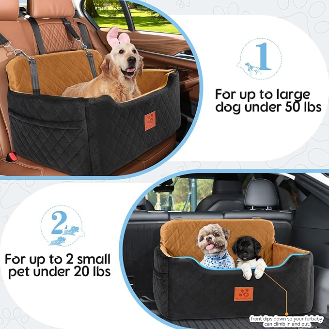 Dog Car Seat for Medium/Large Dogs,Dog Booster Seat for Dog Under 50lbs or 2 Small Dogs, Detachable and Washable Pet Car Seat,Multi-Functional Travel Dog Bed & Dog Sofa(Black/Brown)-PawvioPets