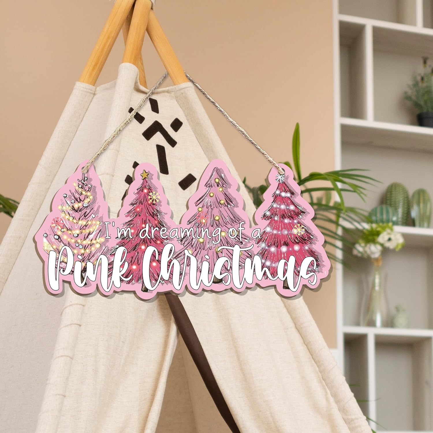CGBHW Pink Christmas Tree Wooden Sign, I’m Dreaming of a Pink Christmas Snowflake Decoration Hanging Sign Wall Decor, Winter Holidays Theme for Home Office Girls College Dorm Door Decor 12 x 6 Inch