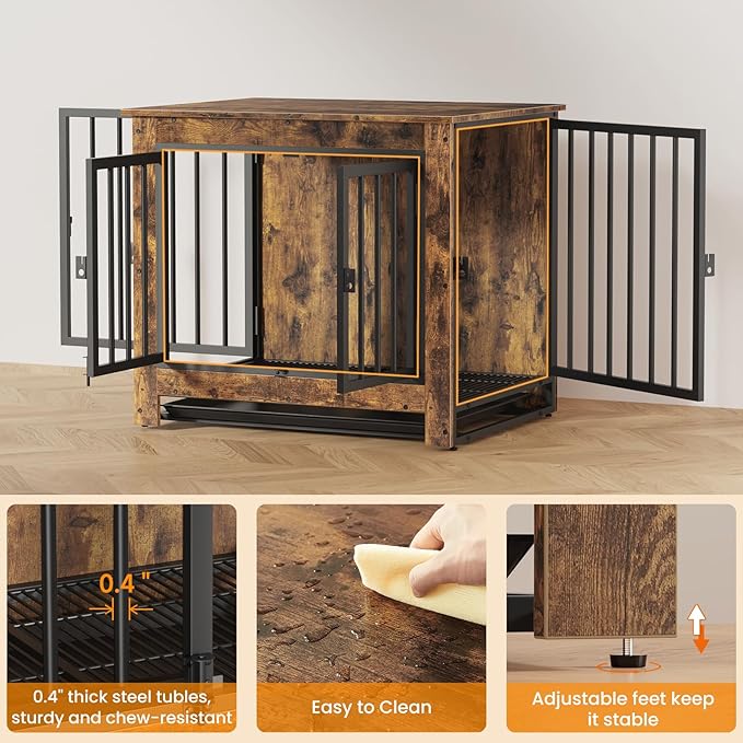 Dog Crate Furniture, Dog Crate End Table for Small and Medium Dogs,Wooden Cage Kennel Furniture Indoor, Modern Dog Crate with Multi-Purpose Removable Tray, Double-Doors Dog Furniture, Rustic Brown-PawvioPets