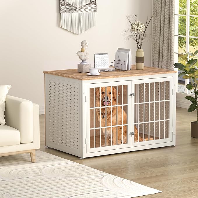 48" Heavy Duty Dog Crate Furniture for Large Dogs, Metal Kennel for High Anxiety Dogs, White Wooden Cage Furniture Indoor, Decorative Dog Kennel End Table, XL-PawvioPets