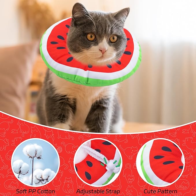 Cat Cone Collar Soft, Adjustable Cat Recovery Collars Kitten Cones to Stop Licking, Cute Donut E Collar After Surgery, Wound Healing Elizabethan Collar for Kittens (Watermelon, Medium)-PawvioPets