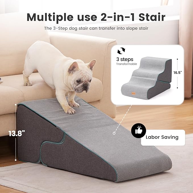 Gardner Pet Dog Stairs for Small Dogs 16.5" H, 2 in 1 Transformable 3-Step Pet Stairs and ramp, Dog Steps for Couch (13-20 in) with Durable Non-Slip Waterproof Cover and CertiPUR-US Certified Foam-PawvioPets