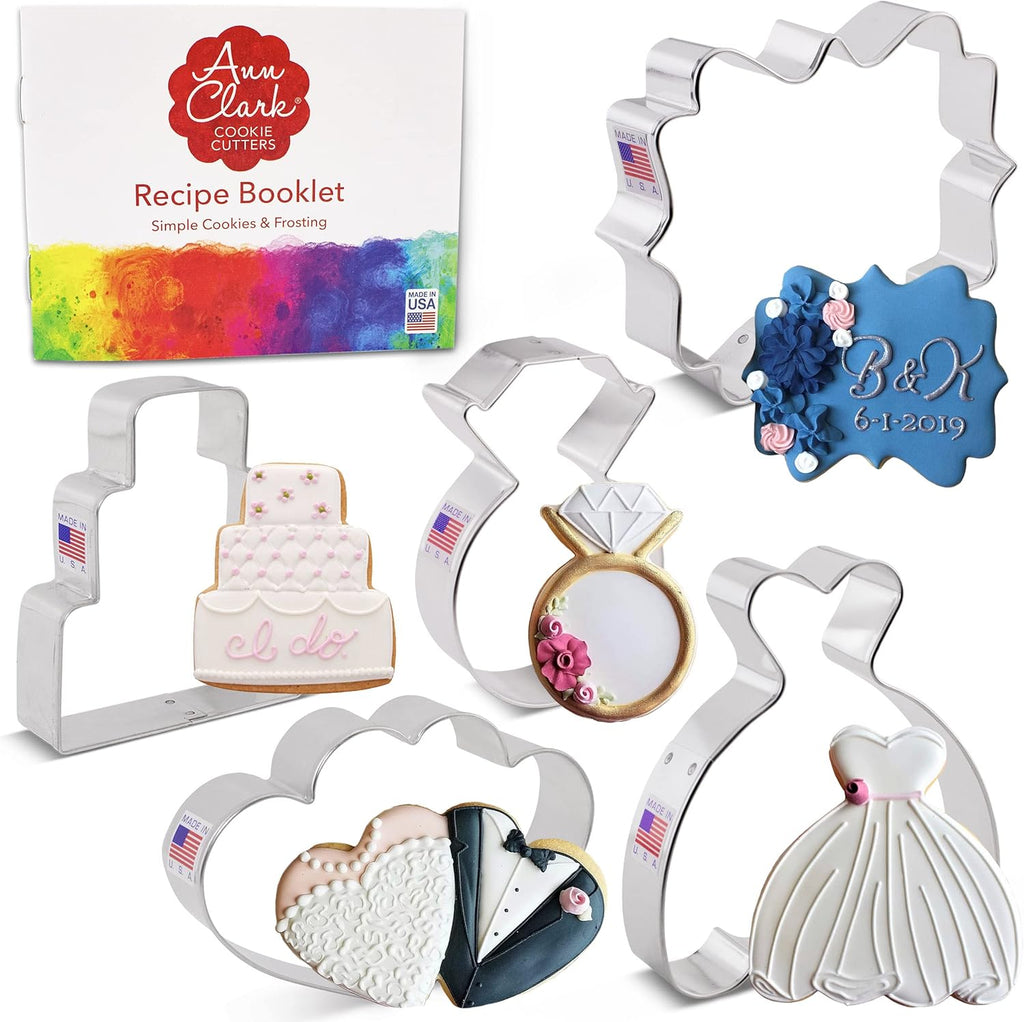 Ann Clark Cookie Cutters Wedding Cookie Cutters 5-Pc Set Made in the USA, Square Plaque, Wedding Cake, Wedding Dress, Diamond Ring, Double Heart