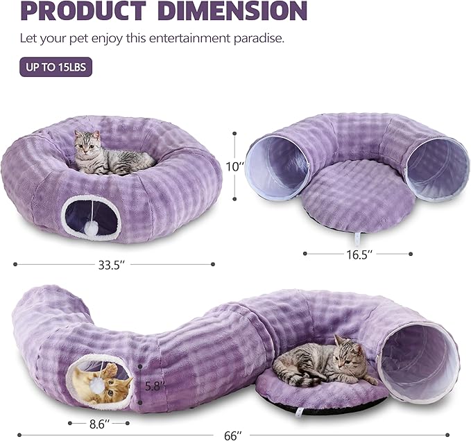 Bubble Cat Tunnel for Indoor Cats, Round Peekaboo Cave Toy with Dangling Balls, Donut Tunnel Bed with Circle Mat for Puppy Kitten Rabbit, Dusty Purple-PawvioPets