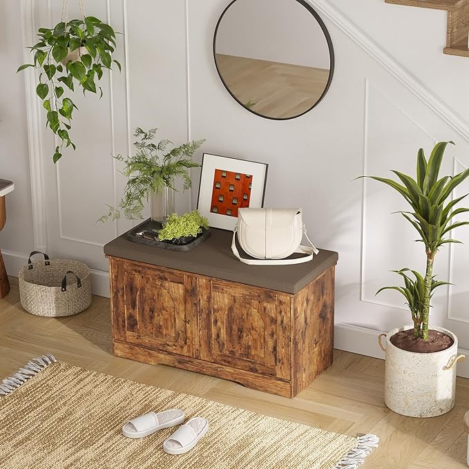 DINZI LVJ Shoe Bench, Entryway Storage Bench with Doors, Cushion, 2-Tier Shoe Rack with 6-Cubby, 31.5”L x 13.8”W Shoe Organizer Cabinet, Adjustable Shelf, Living Room, Bedroom, Rustic Brown-PawvioPets