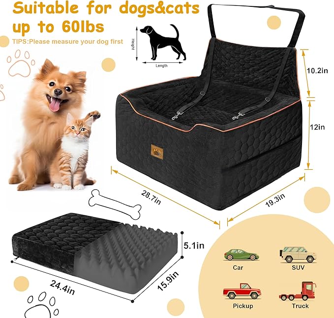 Dog Car Seat for Medium/Large Dogs, Washable Dog Booster Seat Under 60 lbs or 2 Small Dogs, Multi-Functional Pet Car Seat with Thick Cushion, 2 Safety Leashes (Black)-PawvioPets