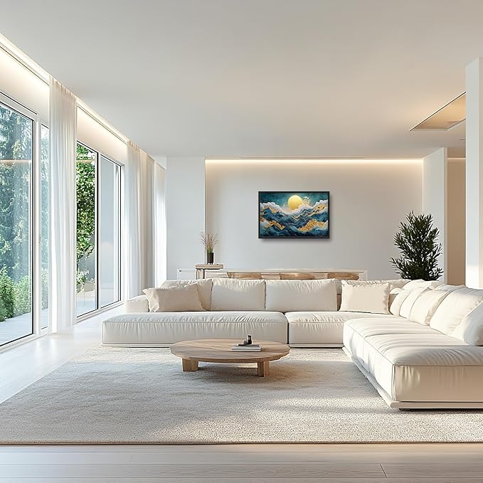 Framed Large Sun Mountain Wall Art, Oversized Teal and Golden Sun Wall Decor for Living Room, Abstract Landscape Canvas Painting Modern Artwork Home Decoration for Living Room Bedroom 36"x24"-PawvioPets