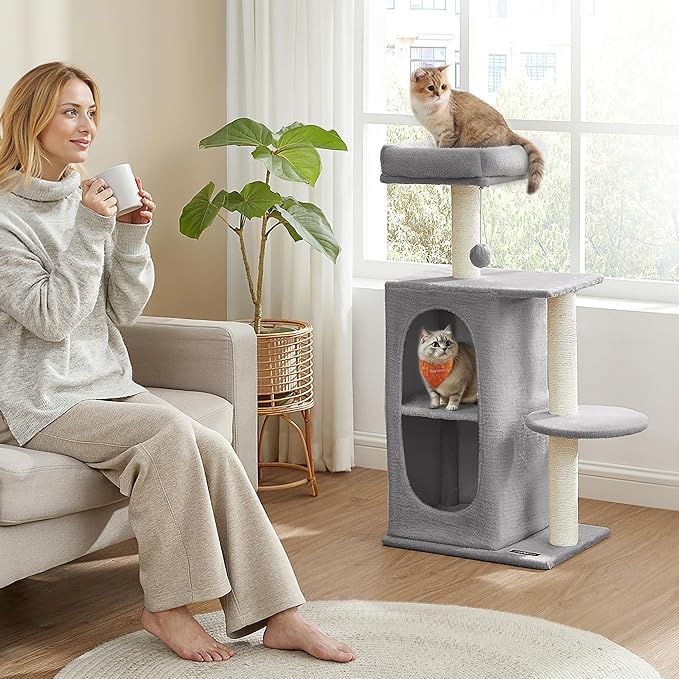 Feandrea Cat Tree Tower with 2 Caves for Multi-Cat Households, Kittens, Scratching Posts, Light Gray UPCT005G01-PawvioPets