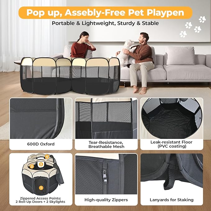 EighteenTek 2-in-1 Pop Up Cat Playpen, Assembly-Free Dog Puppy Pet Playpen, Indoor Outdoor Cats Enclosed, Cat Tent House Crate Cage, Portable & Foldable Playpen for Kittens(No Divider, Unified Space)-PawvioPets