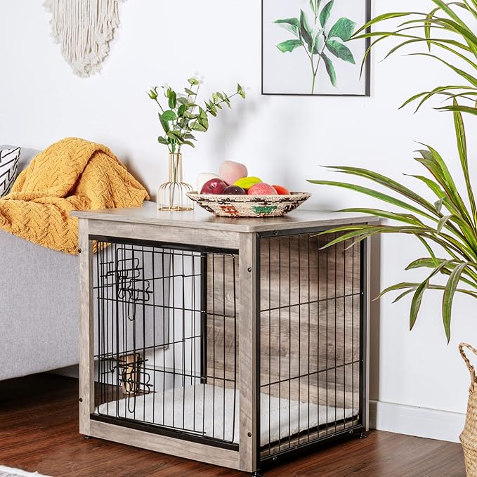 DWANTON Dog Crate Furniture with Cushion, Wooden Kennel Table with Double Doors, Indoor Dog House, Small/Medium/Large/Extra Large Size, 27.2" L, Greige-PawvioPets