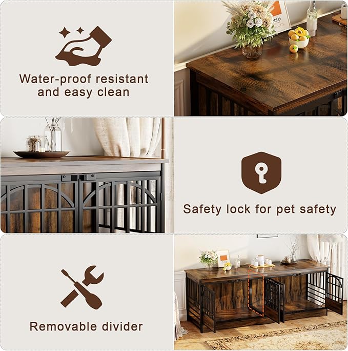 COZPAW 86 Inch Double Dog Crate Furniture for 2 Large Dogs, Decorative Dog Kennel Indoor TV Stand, Heavy Duty Wooden Dog Cage for Large Medium Dogs Sized Dog Pet House with Divider (Brown)-PawvioPets