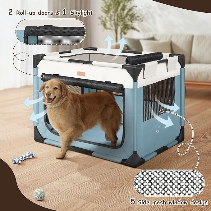 Dog Crate - Soft Pet Kennel for Dogs/Cats, 3-Door Breathable Travel Cage with Mesh Window, Portable Dog Kennel for Indoor & Outdoor, Blue-XL-PawvioPets