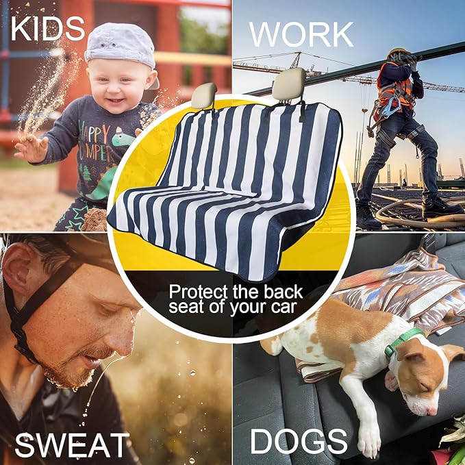 Back Seat Cover for Car Trucks Van SUV,Waterproof Rear Bench Towel Seat Covers for Dogs and Kids,Automotive Backseat Protector (Blue Stripe)-PawvioPets