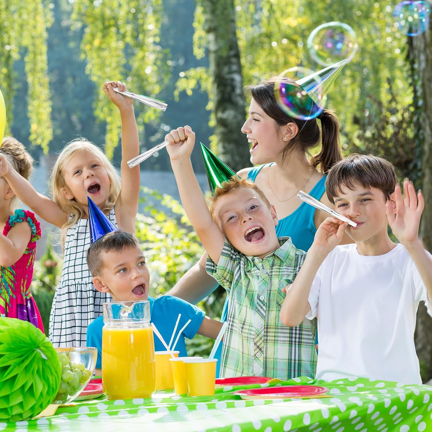 24 Pcs Silver Noise Makers Glitter Metallic Fringed Noise Makers Horns for Baby Shower, Kids Birthday, New Year Party Favor