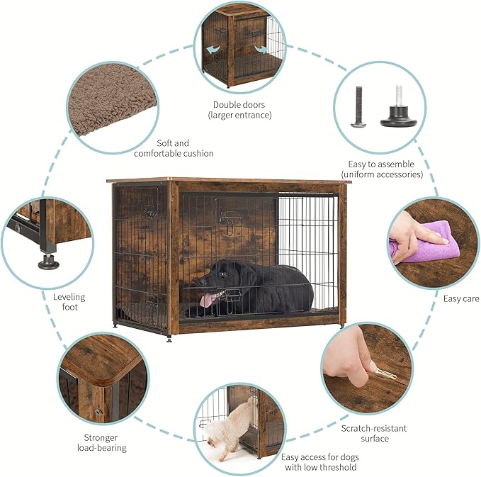 DWANTON Dog Crate Furniture with Cushion, Wooden Kennel Table with Double Doors, Indoor Dog House, Large Size, 38.5" L, Rustic Brown-PawvioPets