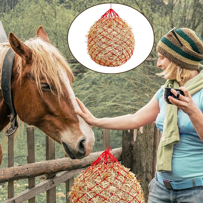 Fabbay 4 Pcs Slow Feed Hay Net Feeder Hay Bag for Horses Slow Feeder 40 Inch Length with 2 Inch Holes Hanging Horse Feed Net for Goat Cattle Equine Stalls Barn Supplies(Red)-PawvioPets