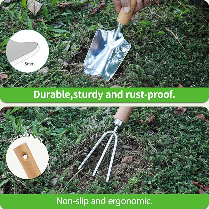 Garden Tool Set, 2 Pieces Stainless Steel Heavy Duty Garden Tools, Gardening Kit with Wooden Handle Garden Hand Tools, Durable Garden Tools for Gardening, Gardening Gifts for Women Men-PawvioPets