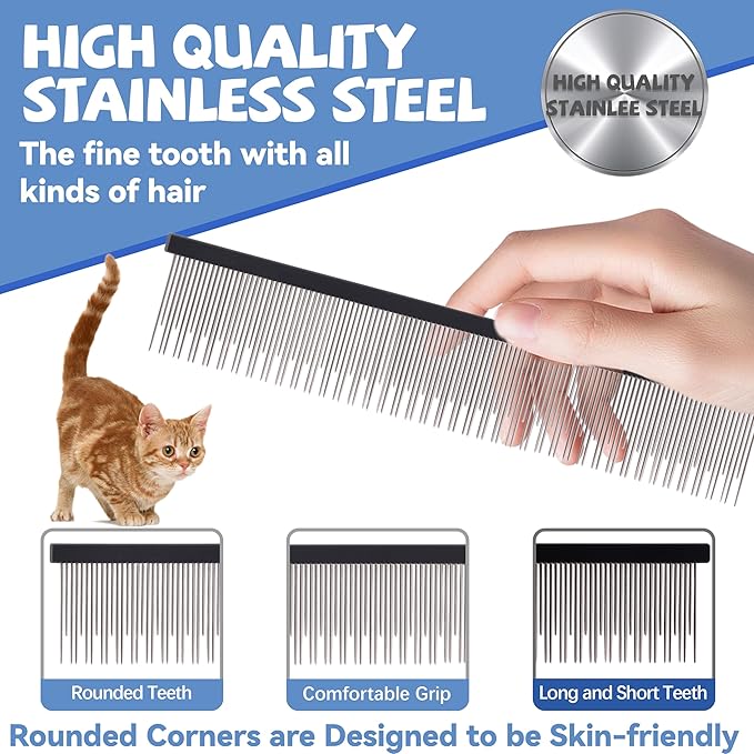 8.5 Inch Upgrade Black Professional Cat Comb,Dual-Tooth Pet Grooming Comb Anti-Static Smooth Rounded Corners Prevent Friction Breakage and Irritation,Removing Tangles,Knots,Undercoat and Excess Hair-PawvioPets