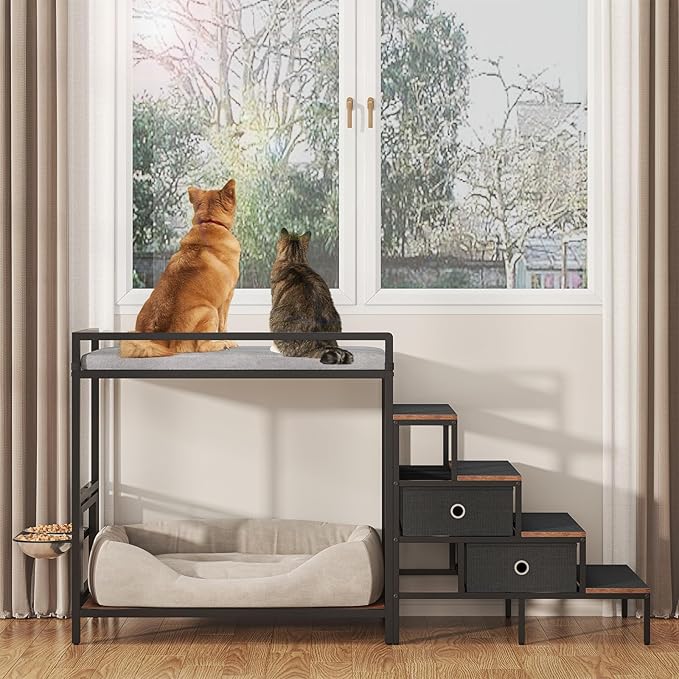 Dog Window Perch with 360° & Adjustable Raised Feeder, Pet Bunk Bed with Removable Stair and 2 Drawers, Elevated Platform Bed, Pet Elevated Seat with Cushion, Paw-Friendly Ladder-PawvioPets