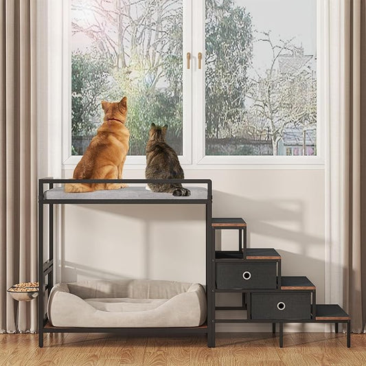 Dog Window Perch with 360° & Adjustable Raised Feeder, Pet Bunk Bed with Removable Stair and 2 Drawers, Elevated Platform Bed, Pet Elevated Seat with Cushion, Paw-Friendly Ladder-PawvioPets