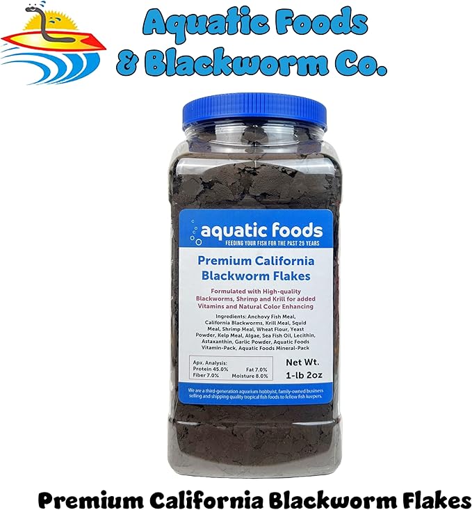 Aquatic Foods Inc. California Blackworm 45% Protein Premium Flakes for Discus, Cichlids, All Tropical Fish Also Pellet Mix, Wafer Mix Included…1-lb 2oz-PawvioPets