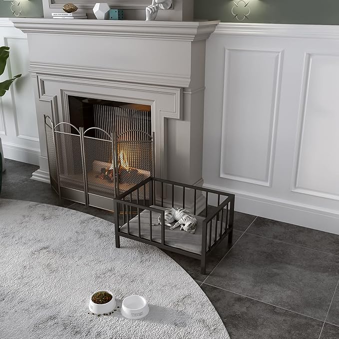 Dog Bed with Rails - Elevated Pet Metal Bed Frame with Solid Wood Board and Washable Soft Mat for Small Dog Indoor or Outdoor Use, 21.3" x 30", Black-PawvioPets