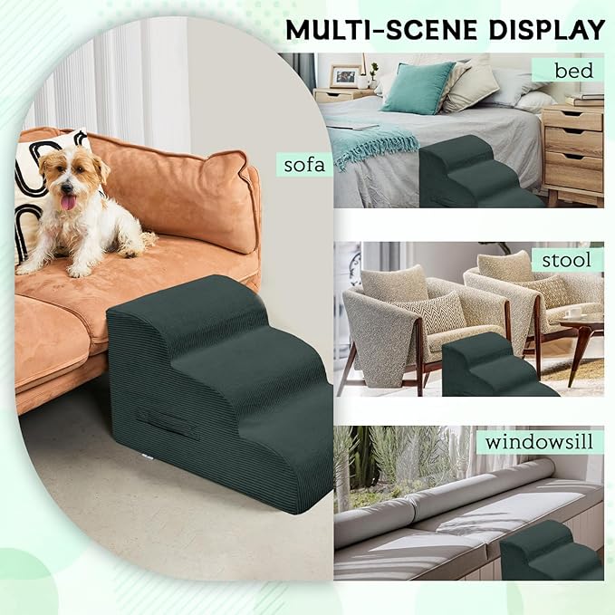 Dog Stairs Steps for High Bed, 3 Steps Pet Steps for Small Dogs Non-Slip Removable Washable Cover Ramp for Indoor Outdoor Car Couch Sofa, Dark Gray-PawvioPets