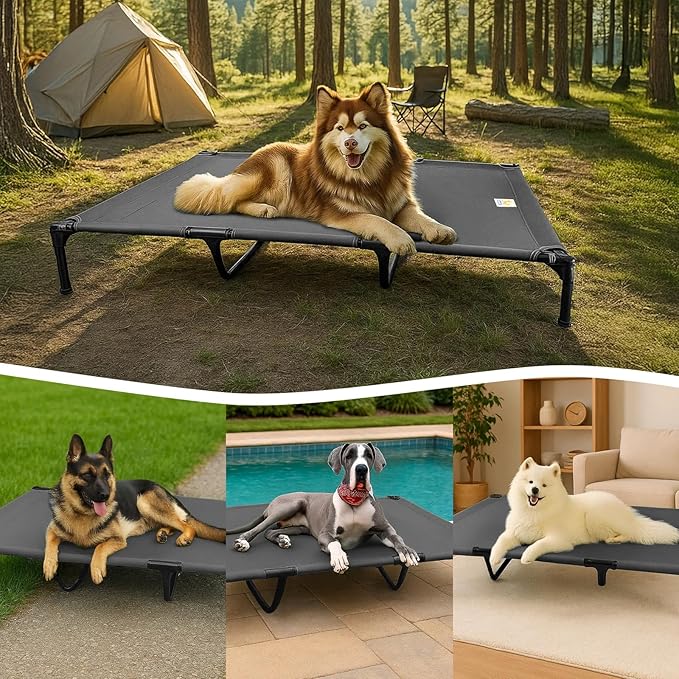 Canvas Elevated Dog Bed, Durable Chew Proof Outdoor Raised Pet Cot for Extra Large Dogs, Waterproof, Breathable, Portable, Washable, Easy Assembly, Sturdy Frame for Camping & Travel, Dark Grey-PawvioPets