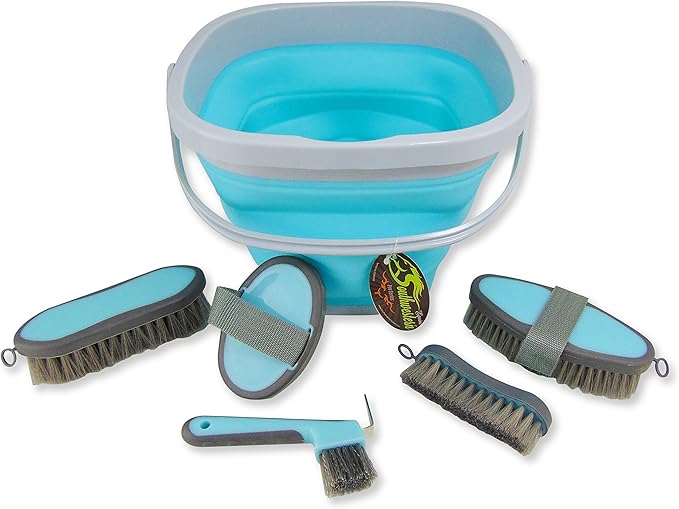 Collapsible Grooming Kit 10 Liter Bucket and 5 Grooming Tools by Southwestern Equine (Turquoise)-PawvioPets