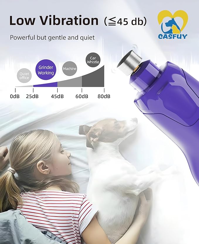 Casfuy Dog Nail Grinder Quiet - (45db) 6-Speed Pet Nail Grinder with 2 LED Lights for Large Medium Small Puppy Dogs/Cats, Professional 3 Ports Rechargeable Electric Dog Nail Trimmer with Dust Cap-PawvioPets