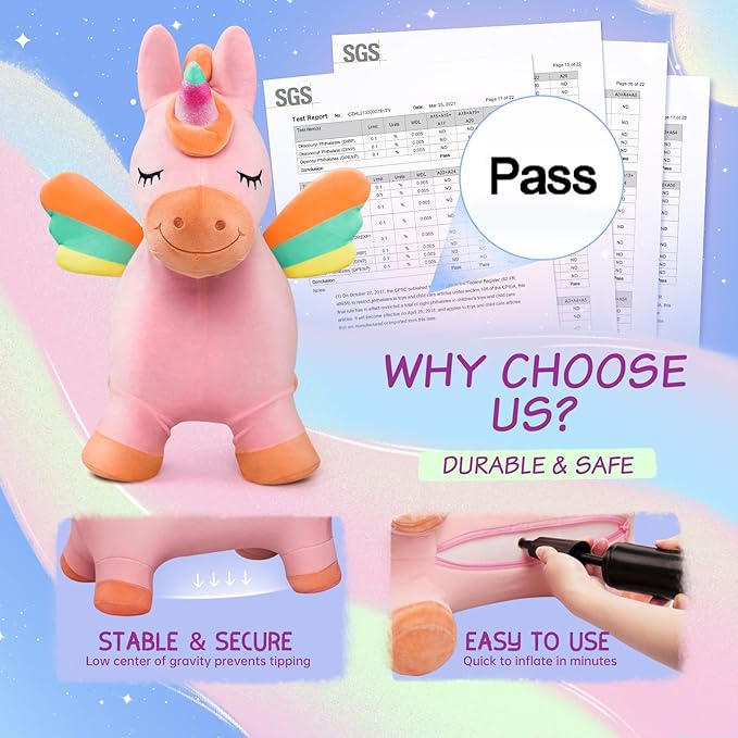EVERICH TOY Bouncy Horse Unicorn Toys, Inflatable Bouncing Animal Hopping Toys, Outdoor Indoor Ride on Bouncer, Boys Girls Birthday Gift for 18 Month 2 3 4 5 6 Year Old Kid- Plush Unicorn Toy-PawvioPets