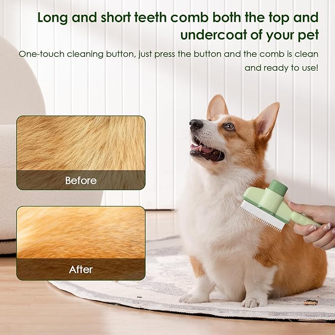 Flea Comb for Cat Hair Removal Comb, 2025 New Self-Cleaning Flea Brush for Cats and Dog, Comfort Cat Hair Removal Tool with Long & Short Stainless Steel Metal Grooming Brush(Green)-PawvioPets
