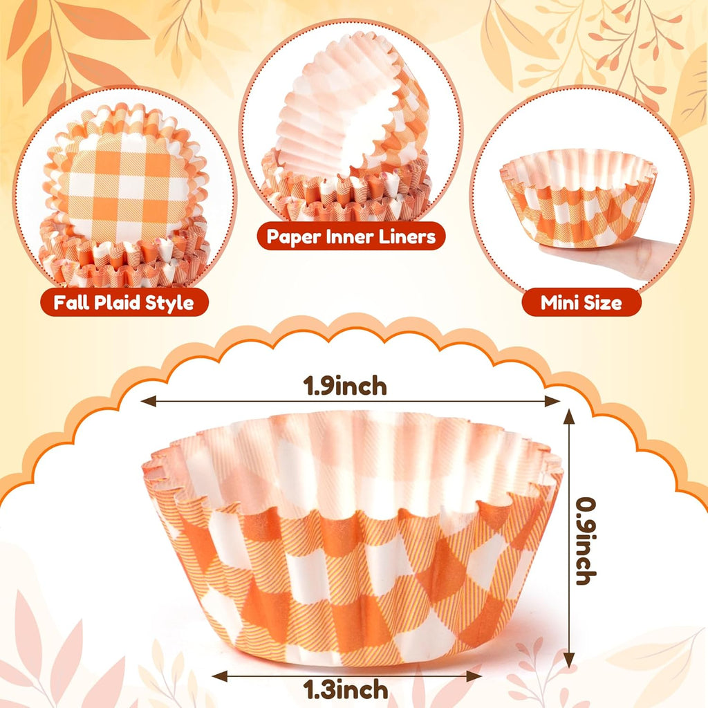 COcnny Fall Mini Cupcake Liners - 600pcs Autumn Plaid Muffin Small Paper Cupcakes Baking Cups Wrappers, Orange Brown Case Cake Wrap Making Supplies for Fall Thanksgiving Birthday Party (8 Styles)