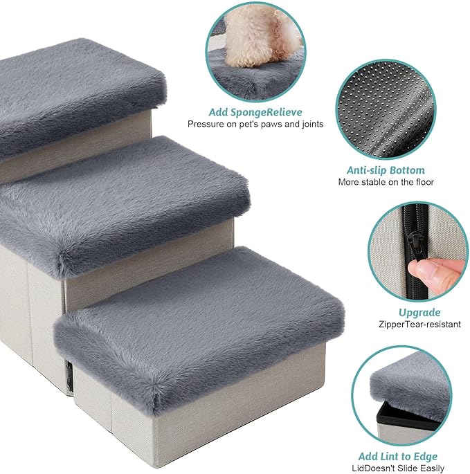 Dog Stairs for Small Dogs with Storage and Condo, 14" H Foldable Pet Stairs for Small Medium or Puppy Dogs and Older Cats, Dog Steps for Bed or Couch, 13x27x14 inch, 3 Tiers, Grey-PawvioPets