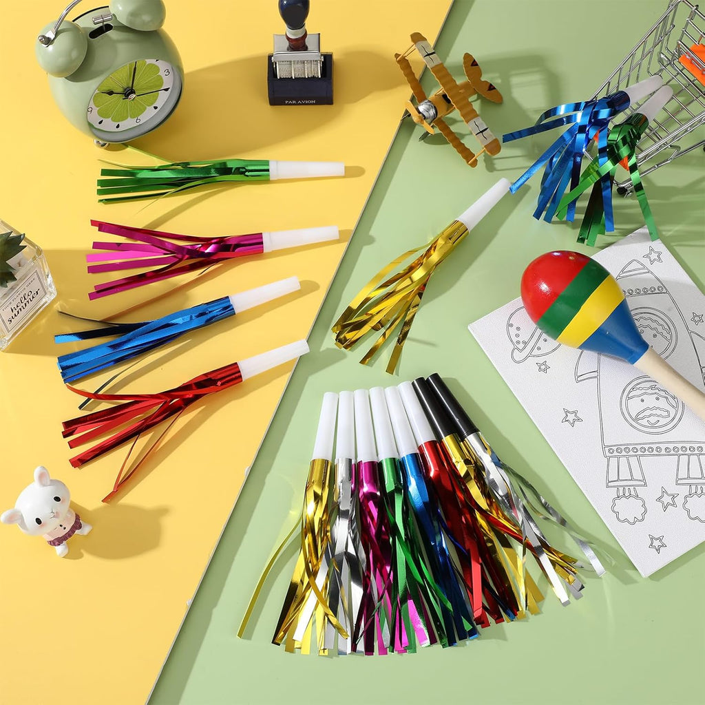 Metallic Fringed Noise Makers, 48 Pcs, Gold White, Silver White, for Noise Makers Party Favors, Baby Shower, Kids Birthday, New Year Party