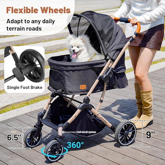 EchoSmile Small Medium Dogs Stroller 4-Wheel Pet Strollers for Medium Dogs Up to 50lbs, One Click Folding Large Cat Stroller, Reversible Handle, Shock Absorbing Wheels, Removable Washable Pad-PawvioPets