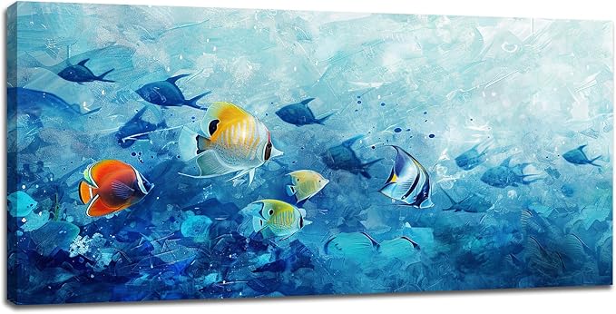Extra Large Wall Art Tropical Fish Canvas Living Room Pictures Framed Prints Ocean Blue Oversize Wall Decor Animal Painting Artwork for Bedroom Dining Office Home 60"x30"-PawvioPets