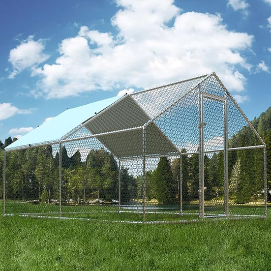1.26'' Large Metal Chicken Coop Run Walk in, Chicken Runs for Yard with Cover, Chicken Pens Outdoor, Spire Roofed Outside Dog Kennel with Roof (9.8’Lx13.1’Wx6.4’H)-PawvioPets