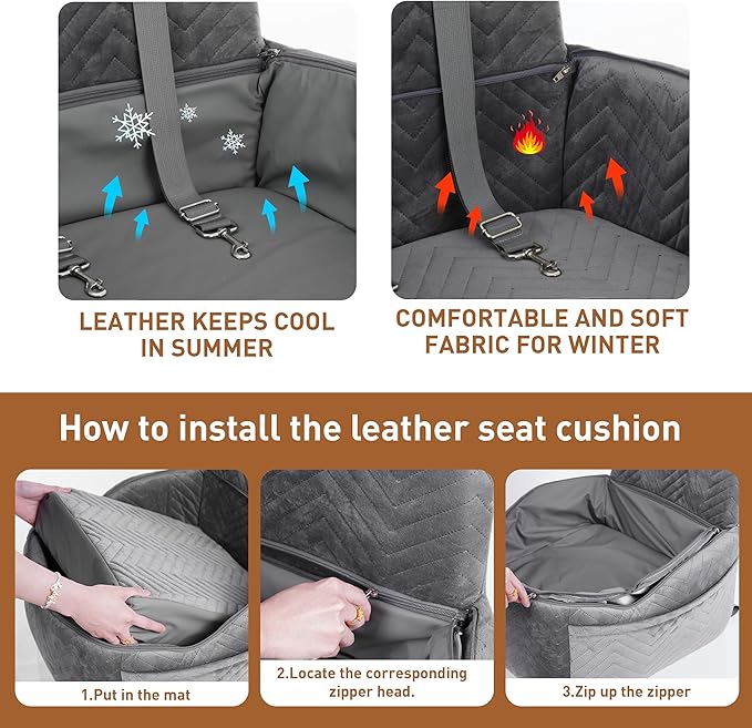 Dog Car Seat Booster with Waterproof Cover, Memory Foam, Small/Medium Dog Bed for Car Back Seat for Travel, Grey, 2 Safety Belt-PawvioPets