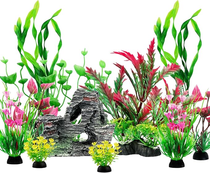 Fish Tank Accessories Aquarium Plants, 12pcs Colorful Fish Tank Artificial Plants and Cave Rock Decor Set, Aquarium Decorations Plants-PawvioPets