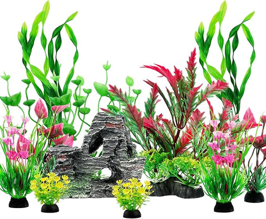 Fish Tank Accessories Aquarium Plants, 12pcs Colorful Fish Tank Artificial Plants and Cave Rock Decor Set, Aquarium Decorations Plants-PawvioPets