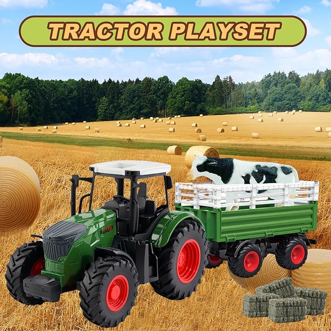 Farm Toys Tractor with Trailer-16.5 Inches Tractor Playset 1/24 Scale Gripper Frontloader Spreader for Boys Kids Toddlers Age 3-7 Years Old-PawvioPets