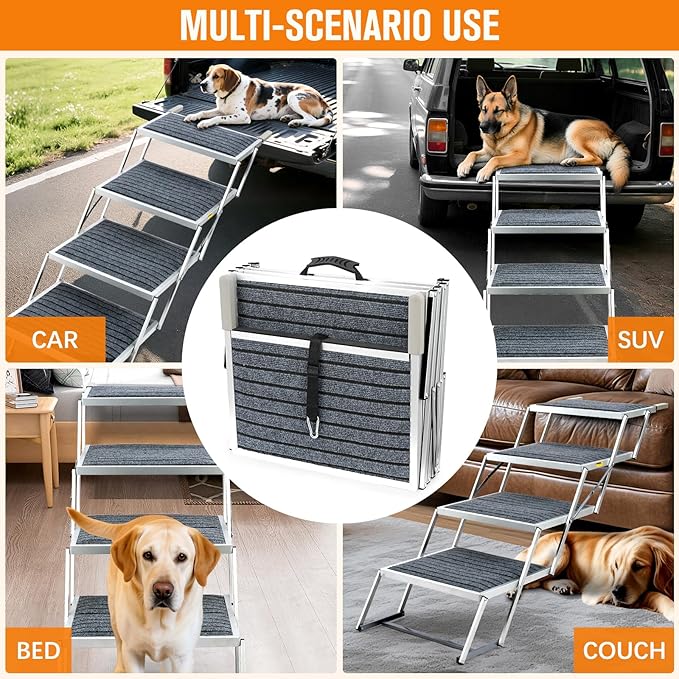 20" Extra Wide Dog Ramp, 4-Step Foldable Pet Stairs with Non-Slip Carpet - Lightweight Aluminum for SUV/Truck/Car & High Beds - Supports Large Dogs up to 200Lbs-PawvioPets