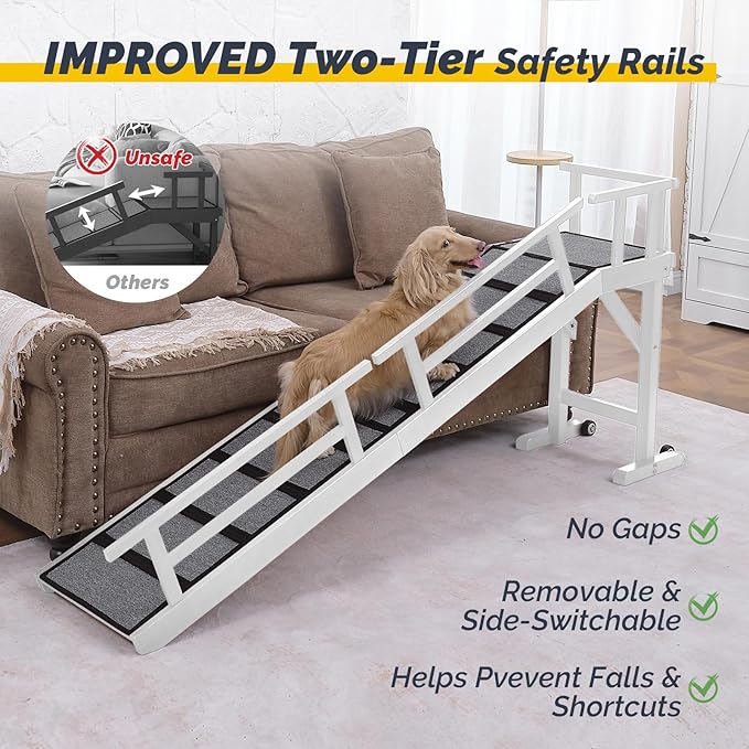 Dog Ramp for Bed or Couch, Wooden Pet Ramp with 20° Gentle Slope, Removable Side Rails, Non-Slip Surface, Top Platform & Wheels, Safe Bed Ramp for Small, Medium & Senior Dogs, 74" Long, White-PawvioPets