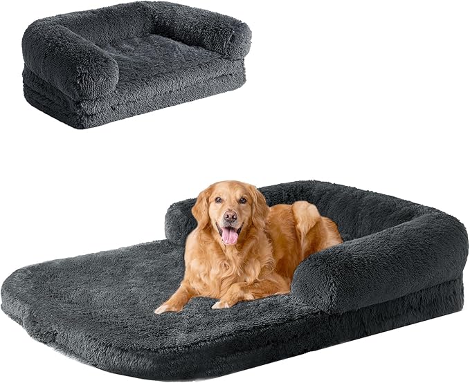 EHEYCIGA Human Dog Bed for Kids, Foldable XXL Dog Bed, Faux Fur Fluffy Pet Couch Bed, Orthopedic Calming Memory Foam Big Pet Bed, Washable Pet Sofa Bed with Non-Slip Bottom, Dark Grey, 54"x38"x7.5"-PawvioPets