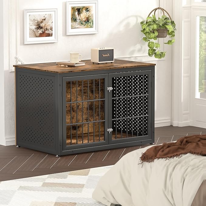 48" Rustic Heavy Duty Dog Crate Furniture for Extra Large Dogs, Metal Kennel for High Anxiety Dogs, Wooden Cage Furniture Indoor, Decorative Dog Kennel End Table, XL-PawvioPets